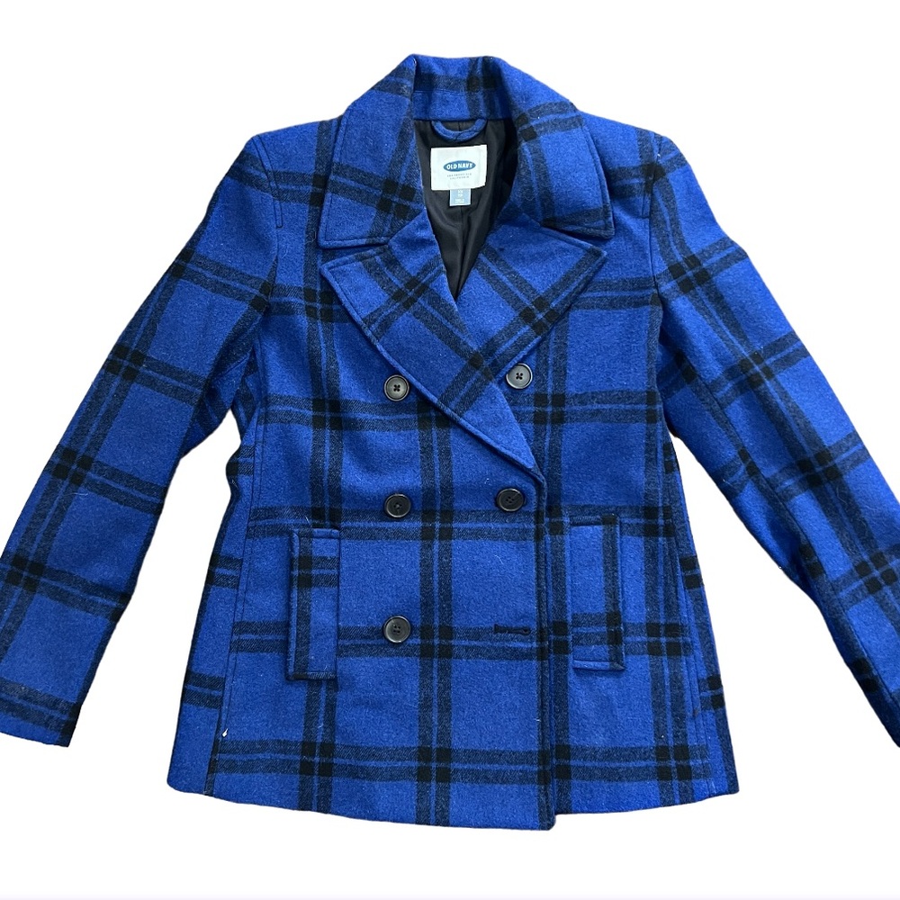 Old Navy Wool Blend Blue & Black Plaid Double Breasted Pea Coat Size XS